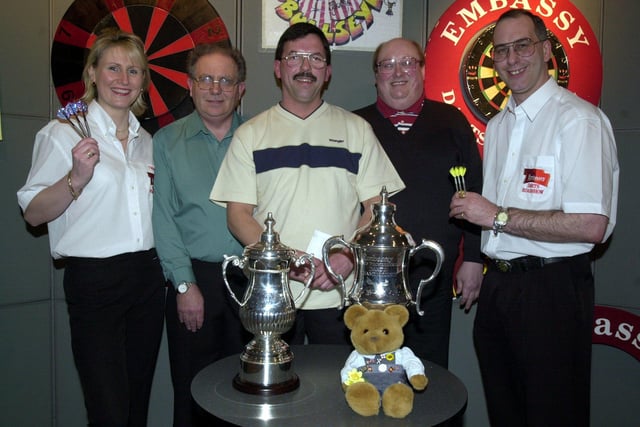 Star competion winners with World Darts Champions in 2001
L to R Trina Gulliver, Dave Howes, Paul Beck, Dave Allen and John 'Boy' Walton with the winners trophies and Kevin the Bear.