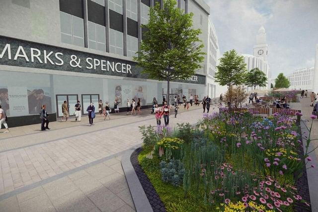 Colourful planted areas will run down the centre of Fargate, Sheffield, with tables and chairs in between, as seen in new pictures from civil engineering contractor John Sisk.