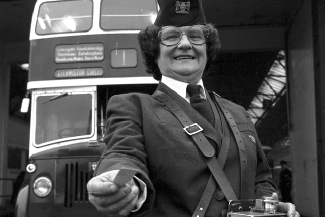 Ann Boyle, with ticket machine, bus conductress on the last Lothian Region Transport two-man double decker, October 1980.