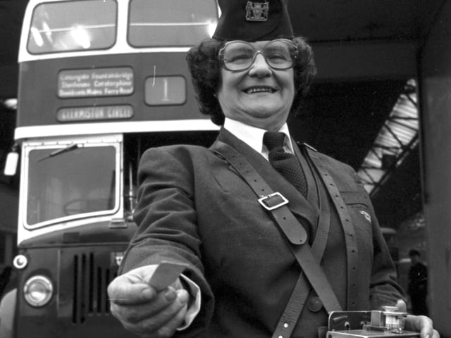Ann Boyle, with ticket machine, bus conductress on the last Lothian Region Transport two-man double decker, October 1980.