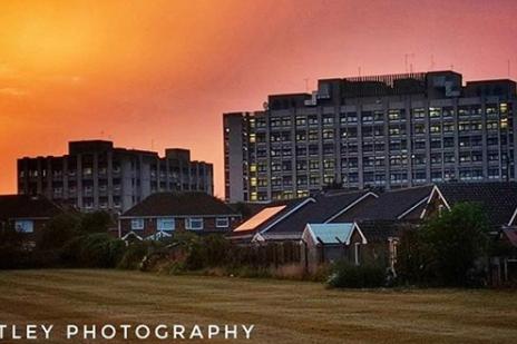 A wonderfuly sunset going down over Doncaster Royal Infirmary. Taken by @calutley_photography.