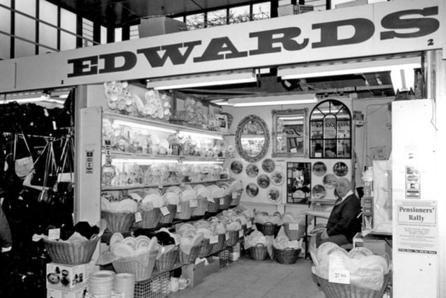 Mick (Potty) Edwards at his china and crockery stall at Sheaf Market in Sheffield in 1993