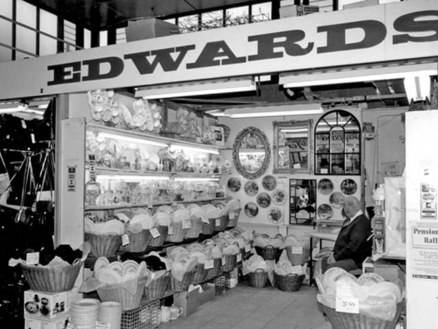 Mick (Potty) Edwards at his china and crockery stall at Sheaf Market in Sheffield in 1993