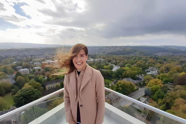 Sarah McDonagh of estate agent Redbrik blown away by the view at the top of Hallam Towers.
