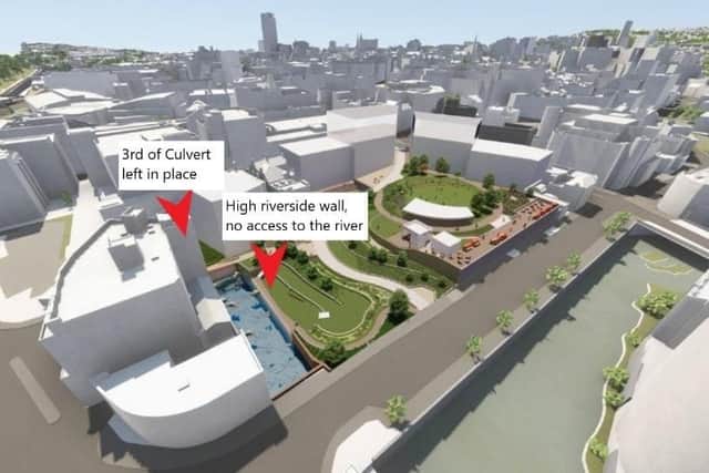 A Sheffield City Council image of what the Castlegate regeneration scheme could look like, with added pointers and comments from Sheaf and Porter Rivers Trust