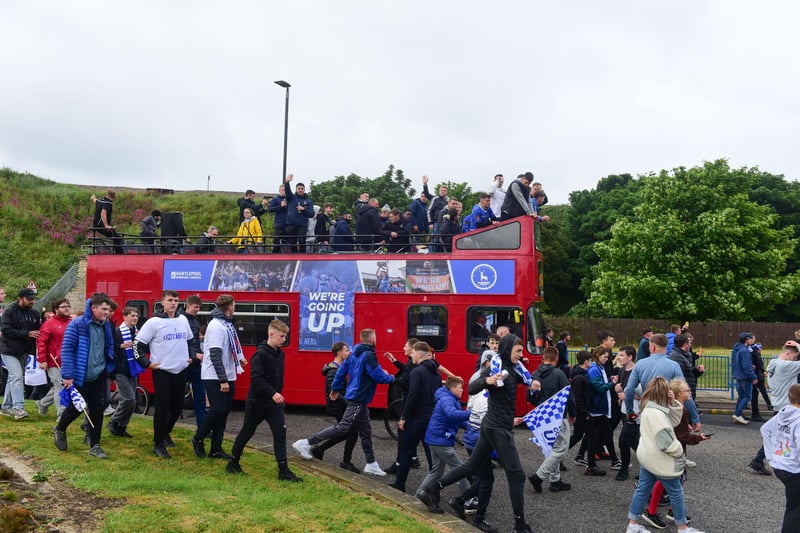Fans accompanied the Hartlepool United parade bus as it reached Brus roundabout.