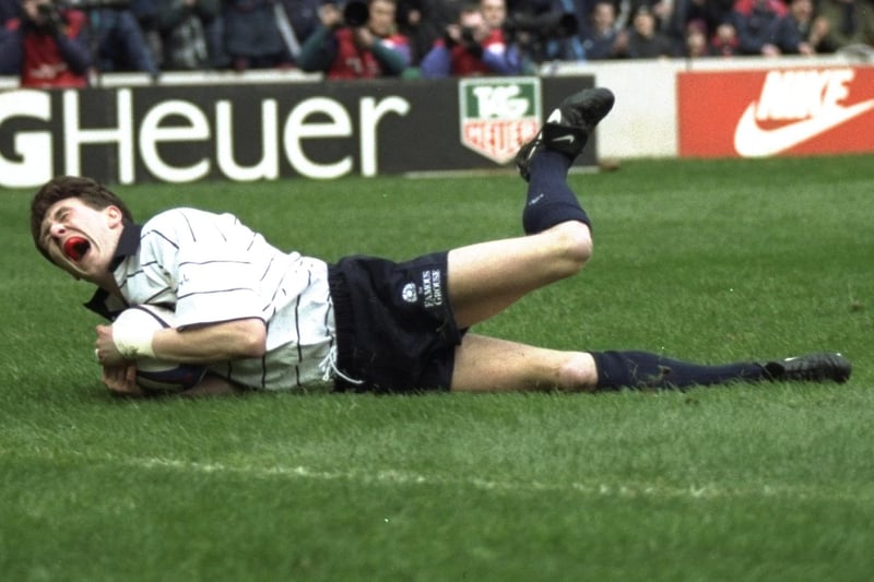 February 3, 1996: Scotland 19, France 14, Five Nations
Gala's Michael Dods celebrates scoring his first try at Murrayfield in Edinburgh (Photo: Shaun Botterill/Allsport/Getty Images)