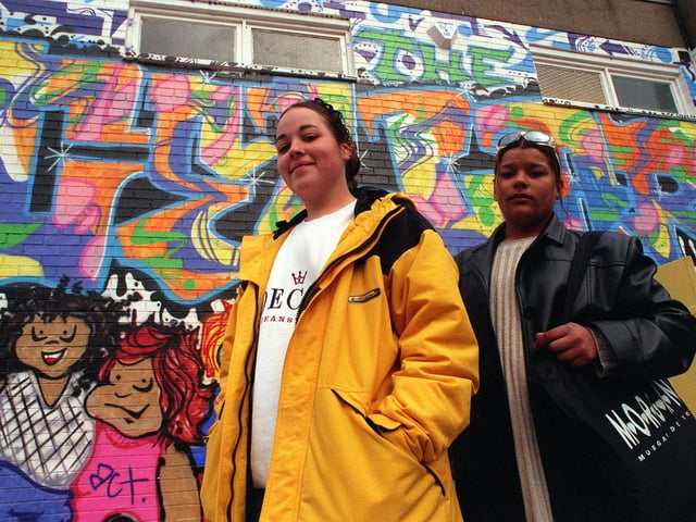 Lorna Foster (17) and Joanne Bandoo (16) pictured with the grafitti art at The Furnival, Burngreave in 1998