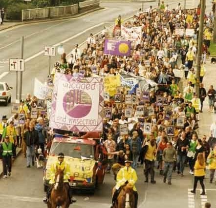 Anti-vivisection marchers on Charter Row, June 1997.