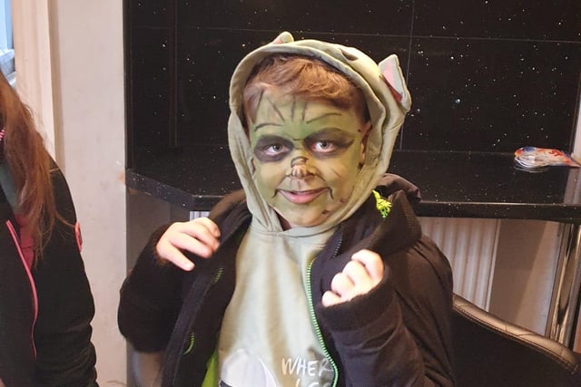 Riley as Baby Yoda - loving the face paint!