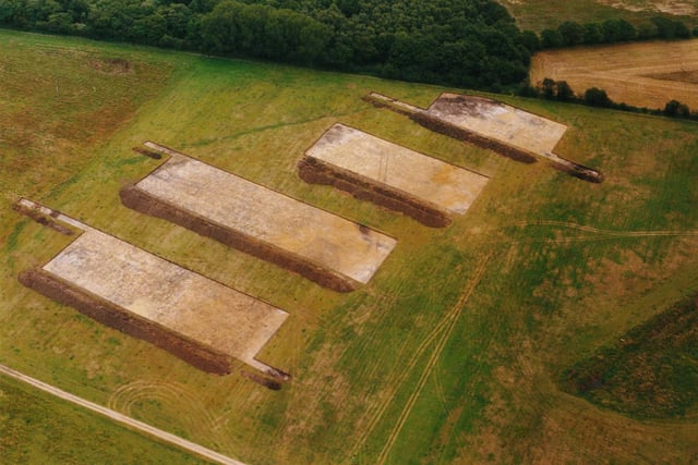 Aerial shot of excavations at Sutton Common Iron Age Fort near Askern in South Yorkshire, which is revealing the remains of an Iron Age site of seemingly scarcely inhabited buildings set within the biggest marshland fort in England. Picture taken in 2002