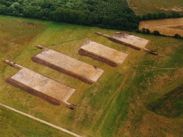 Aerial shot of excavations at Sutton Common Iron Age Fort near Askern in South Yorkshire, which is revealing the remains of an Iron Age site of seemingly scarcely inhabited buildings set within the biggest marshland fort in England. Picture taken in 2002