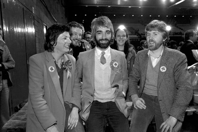 Labour candidate Alistair Darling (centre) and his supporters Val Woodward and Ian Newton when the Regional Council election results come in at Meadowbank stadium, May 1982.