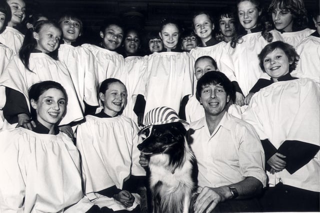 Former Blue Peter star John Noakes and his dog Skip at Sheffield City Hall, with children at the Marti Caine Christmas pantomime on November 18, 1980