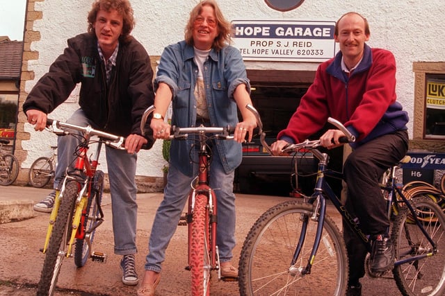 Alan Shaw, Hilary Taylor and Christopher Tyn of Hope valley Cycles promoting their offer of Free Cycles from the Hope garage  for those who want to take part in the Barnardo's Cycle Ride back in 1998