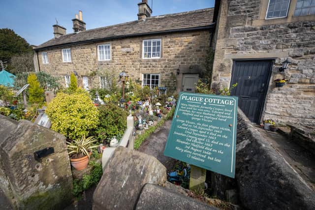 Plague Cottage, Eyam, with its plaque showing the fate of its inhabitants during the plague that hit the village