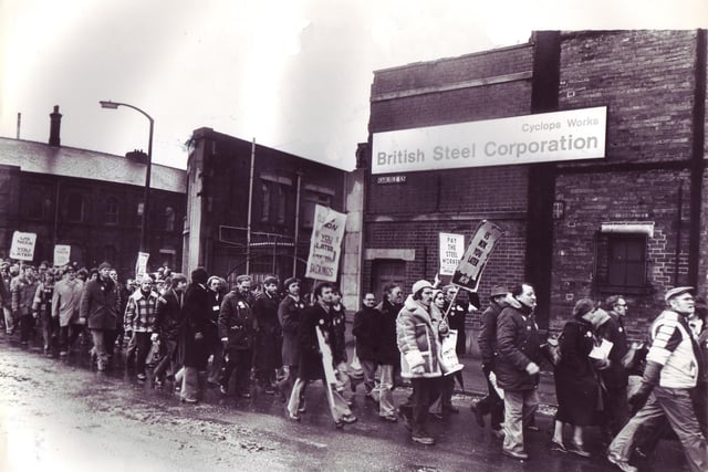 Striking workers at British Steel Corporation.