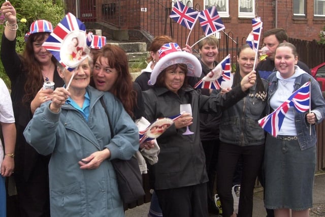 Party goers get into the mood at the Fishponds Road West, Woodthorpe, Queen's Gold Jubilee Party, June 2002