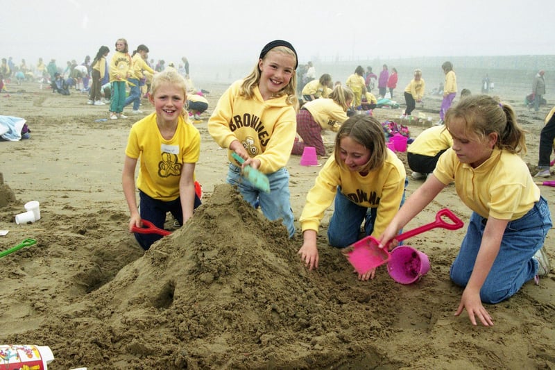 A sandcastle building competition was held in June 1992 and these Brownies took part. They were Gill Bowman, Joy Hodgkinson, Sophie Urwin and Victoria Rudd. Does this bring back lovely memories?
