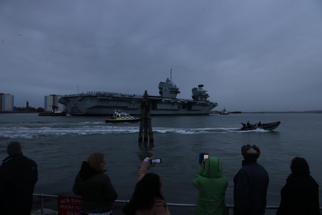HMS Queen Elizebeth returns to her home port of Portsmouth after 7 months at sea on Thursday afternoon. Photos by Alex Shute