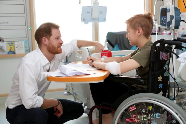 Prince Harry, Duke of Sussex speaks with 11 year old Heath Keighley during a visit to Sheffield Childrenâ€™s Hospital on July 25, 2019 in Sheffield, England. (Photo by Chris Jackson/Getty Images)