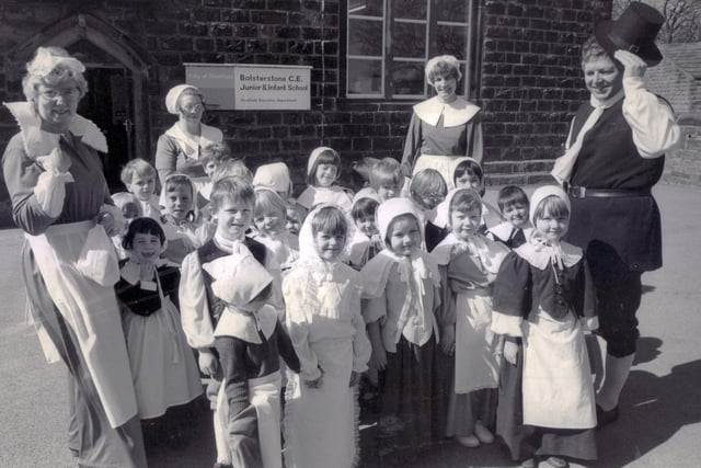 Pupils and staff pose in the school yard to celebrate Bolsterstone Free School Tercentenary, May 1, 1986