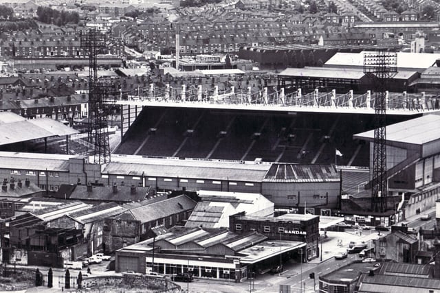 Bramall Lane - complete with its new £1m South Stand - pictured from a crane at Moorfoot in August 1978.
