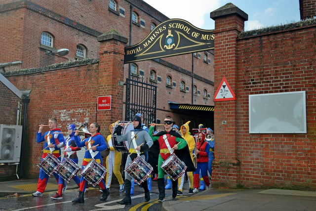 2014. Over 40 trainee musicians from the Royal Marines School of Music couldn’t resist the chance to throw on some tights and capes and add our particular brand of music to such an exciting day.’ The Band raised £239.31 for Children In Need.