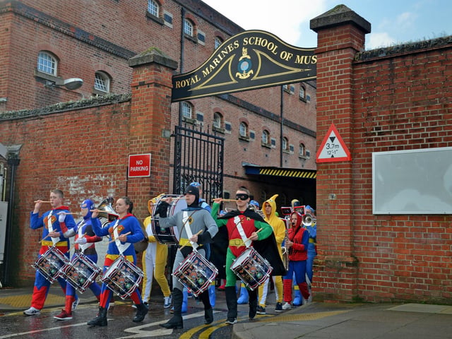 2014. Over 40 trainee musicians from the Royal Marines School of Music couldn’t resist the chance to throw on some tights and capes and add our particular brand of music to such an exciting day.’ The Band raised £239.31 for Children In Need.