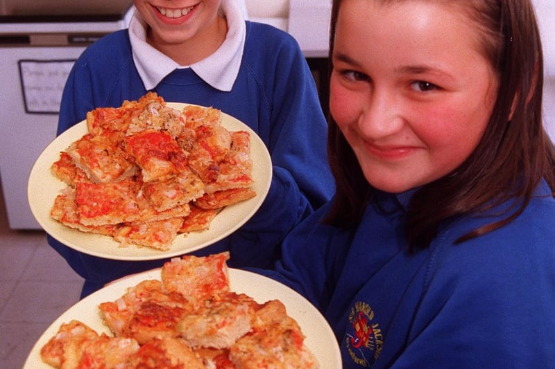 Pictured at Sir Harold Jackson school, Bradway Drive, Sheffield,  in 1997 where pupils made Pizzas as part of their Italian Week at the school. Seen is  Nicholas Myers 9, and Yasmine Akhavan 10 with pizzas.