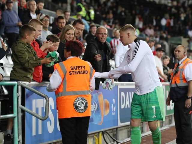 Aaron Ramsdale on what proved his final appearances for Sheffield United, at Swansea City last weekend: Simon Bellis / Sportimage