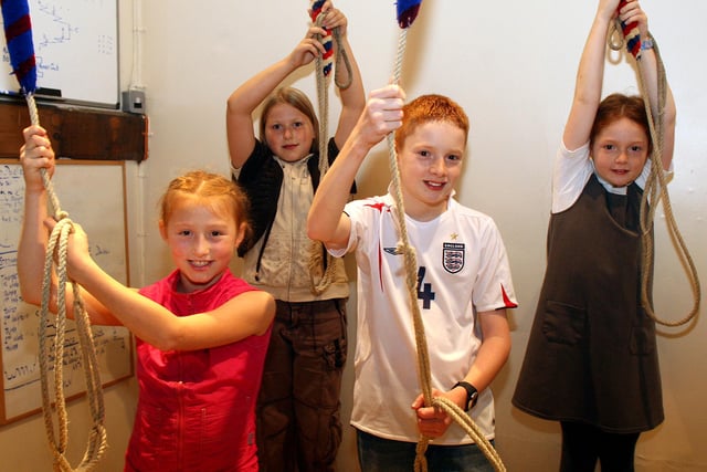 Ashford in the Water Children's Bellringers (l-r) Rebecca Fearn,10, Libby Thornton,10, Alex Pykett,12, and Andrea Pykett,9, practiced for the Children's Society sponsored bellringing event which took place in 2006