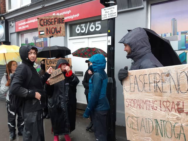 Protesters gathering for a Palestine Action demonstration outside Sheffield Heeley MP Louise Haigh\'s constituency office. Picture: Julia Armstrong, LDRS