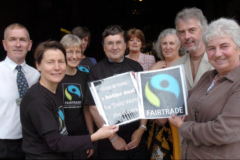 Sheffield City Council leader Jan Wilson (right)  gave her support to the granting of Sheffield's Fairtrade status. fellow councillors and  fairtrade campaigners Jillian Creasy,Alison Trezise and Martin Lawton look on in 2005