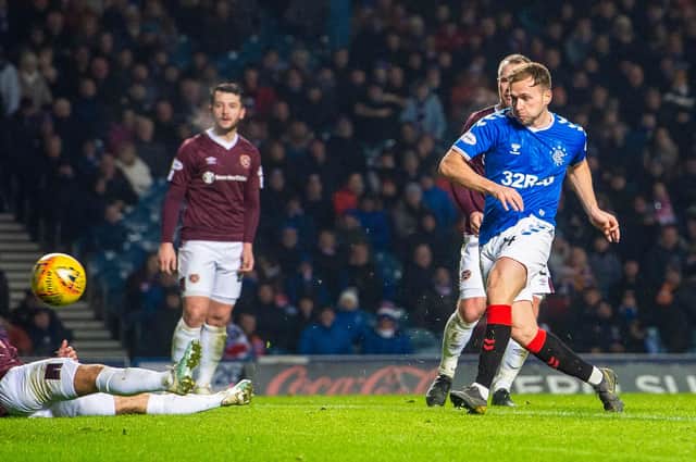 GLASGOW, SCOTLAND - DECEMBER 01: Rangers' Greg Stewart scores to make it 4-0 during the Ladbrokes Premiership match between Rangers and Hearts at Ibrox Stadium, on December 01, 2019, in Glasgow, Scotland. (Photo by Bill Murray / SNS Group)