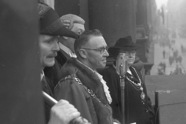 The Mayor (Coun. John Young) addressing the people of Sunderland from the balcony of the Town Hall.