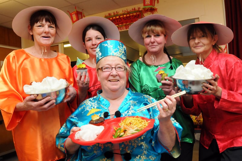 Chinese New Year celebrations at East Boldon Junior school in 2014. The kitchen staff pictured are, from left to right, Karen Phillips, Ashleigh Potts, Monika Saunders and Wendy Pye with Janet Orrock (front).