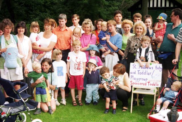 St Andrew's Baby & Toddler Group hold a sponsored toddle in Endcliffe Park in aid of St Luke's Hospice and their own group funds on July 8, 1997