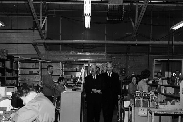 Prime Minister Harold MacMillan inspecting the Ferranti factory in Pilton in October 1962.