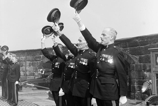 Four members of the 278 L Field Regiment take part in a Royal Salute from Edinburgh Castle to mark the Coronation Anniversary in June 1965.