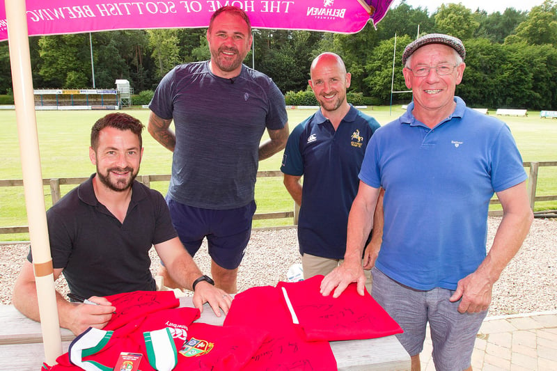Jed-Forest president Paul Cranston welcomes former Lions Greig Laidlaw, Scott Quinnell and Roy Laidlaw to Riverside Park with the Sky Sports fan van
