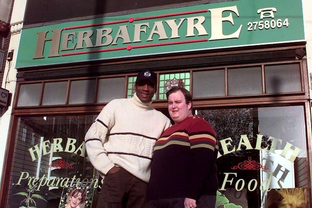Boxer Johnny Nelson and Darren Knights outside the Herbafayre shop, High Street, Sheffield, which was due to open in November 1997