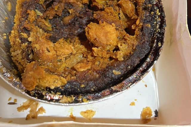 One person said this balti pie, which reportedly cost £4 and was served up to a fan at Sheffield United's Bramall Lane stadium, looked like it had been cremated (pic: @FootyScran)