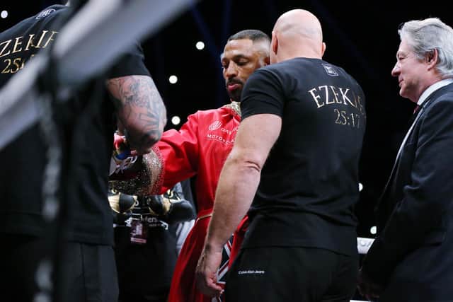 Kell Brook changes his gloves prior to their Welterweight contest at AO Arena on February 19, 2022 in Manchester, England. (Photo by Nigel Roddis/Getty Images)