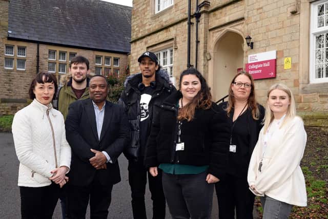 Dee Leon, Tommy Atkins, both students, Dr. Bankole Cole, Reader in Criminology and Human Rights, Blair Adderley, Anna Lester, student, Sue Bulley, Prinicpal Lecturer and Molly Hill, Department Administrator and Marketing officer.