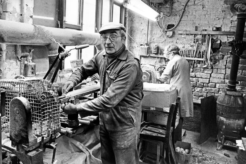 Ronald Jackson, wood turner, pictured at Sheffield's Globe Works in September 1988