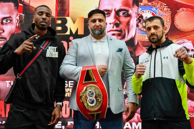 Izzy Asif with Shakiel Thompson and his Bulgarian adversary. Picture: Connor McMain
