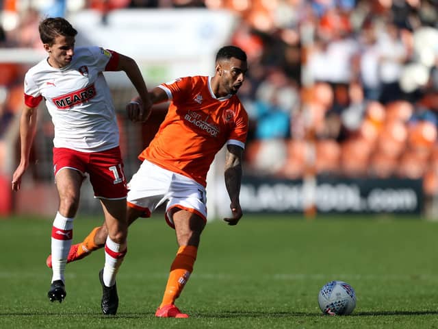 Curtis Tilt in action for Blackpool against Rotherham United before making his move to the New York Stadium