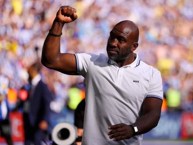 LONDON, ENGLAND - MAY 29: Darren Moore, Manager of Sheffield Wednesday, celebrates after the team's victory and promotion to the Sky Bet Championship in the Sky Bet League One Play-Off Final between Barnsley and Sheffield Wednesday at Wembley Stadium on May 29, 2023 in London, England. (Photo by Richard Heathcote/Getty Images)