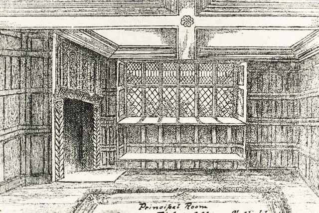 A sketch that appeared in a Sheffield newspaper in 1885, showing the room with oak panelling and the chimneypiece